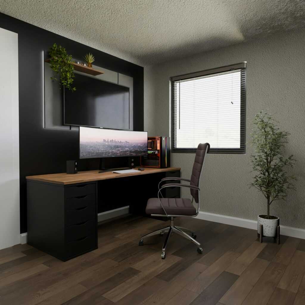 Sleek home office featuring a minimalist desk setup with a large monitor and ergonomic chair.